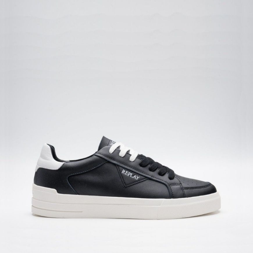 Picture of REPLAY MEN'S EVAN EDIT LEATHER SNEAKERS IN BLACK OFF WHITE