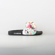 Picture of LOVE MOSCHINO WOMEN'S PRINTED SATIN SLIDES IN BLACK 1
