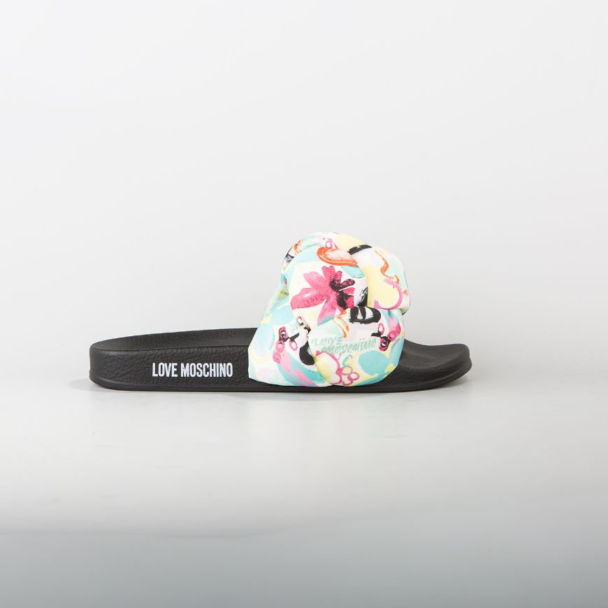 Picture of LOVE MOSCHINO WOMEN'S PRINTED SATIN SLIDES IN BLACK