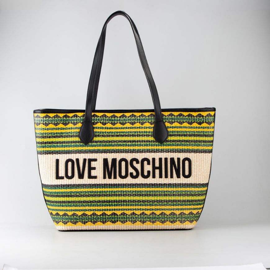 Picture of LOVE MOSCHINO WOMEN'S SHOPPING BAG RAFFIA EFFECT FABRIC SUNSET STRIPES IN YELLOW