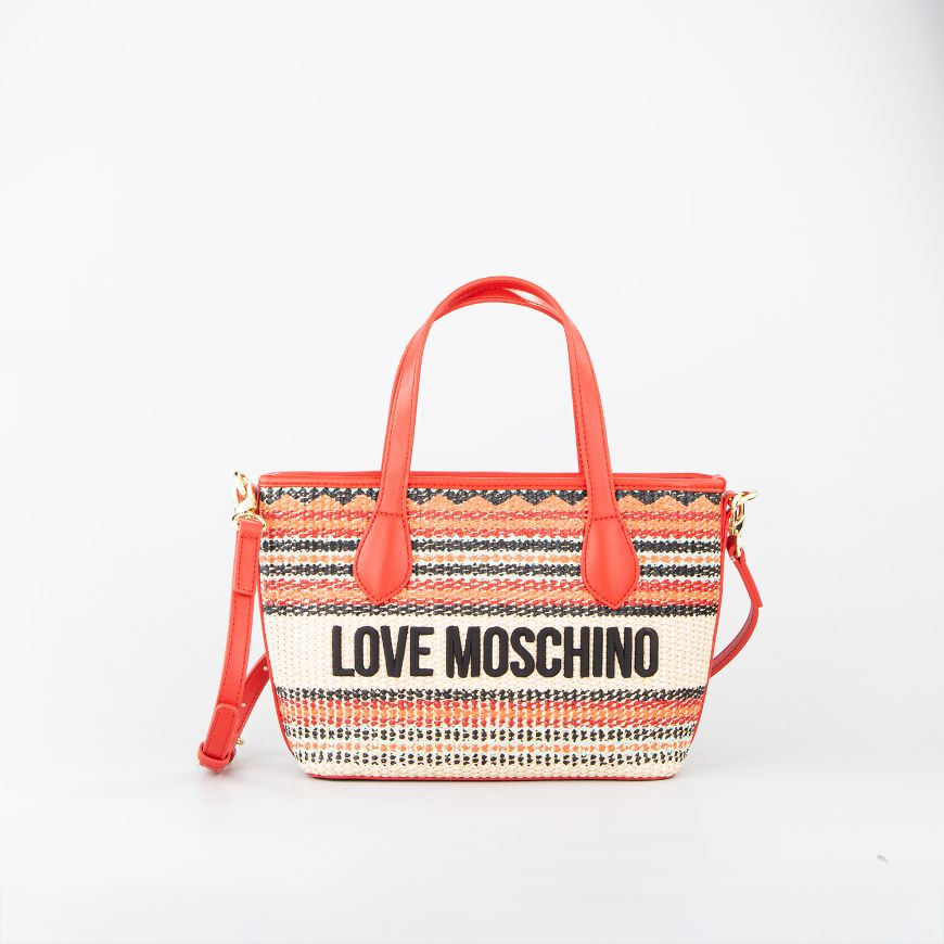 Picture of LOVE MOSCHINO WOMEN'S MINI SHOPPING BAG RAFFIA EFFECT FABRIC SUNSET STRIPES IN RED