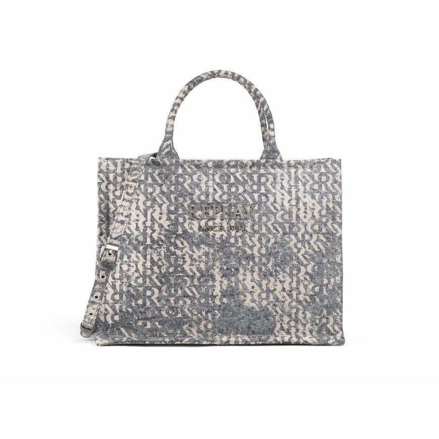 Picture of REPLAY WOMEN'S DENIM TOTE BAG WITH PRINT IN WASHED BLACK+BIRCH