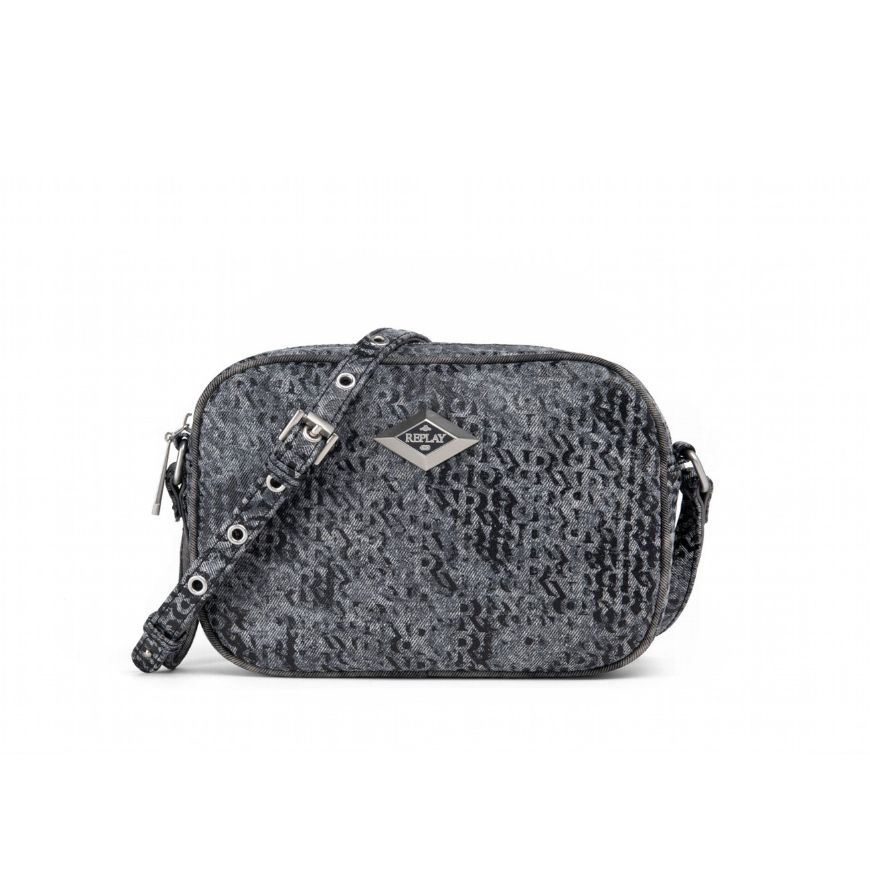 Picture of REPLAY WOMEN'S DENIM CAMERA BAG WITH PRINT IN WASHED BLACK+BLACK