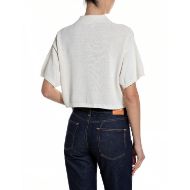 Picture of REPLAY WOMEN'S CROPPED LINEN COTTON PULLOVER WITH POLO COLLAR IN NATURAL WHITE 2