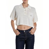 Picture of REPLAY WOMEN'S CROPPED LINEN COTTON PULLOVER WITH POLO COLLAR IN NATURAL WHITE 1