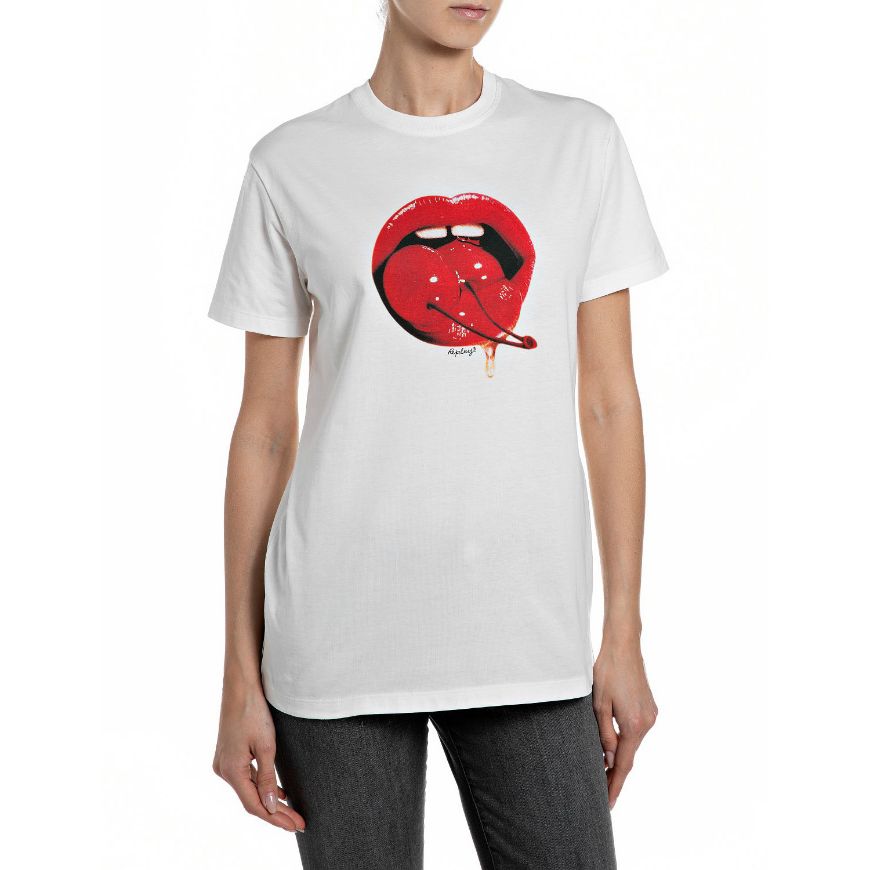 Снимка на REPLAY ДАМСКИ ТОП JERSEY T-SHIRT WITH LIPS AND CHERRIES PRINT В БЯЛО