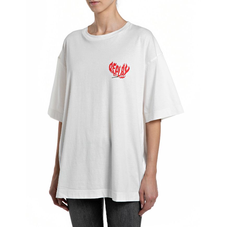 Снимка на REPLAY ДАМСКИ ТОП BOY-FIT JERSEY T-SHIRT WITH HOTTER THAN HELL PRINT В БЯЛО