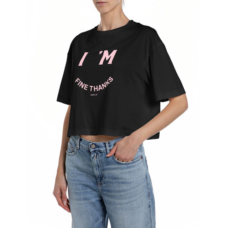 Снимка на REPLAY ДАМСКИ ТОП FINE PRINT CROPPED OVERSIZED T-SHIRT В ЧЕРНО
