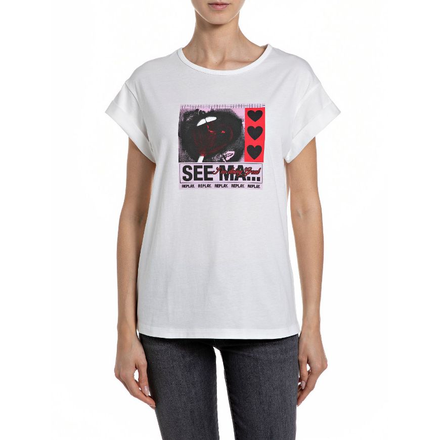 Снимка на REPLAY ДАМСКИ ТОП JERSEY T-SHIRT WITH CHEST PRINT В БЯЛО