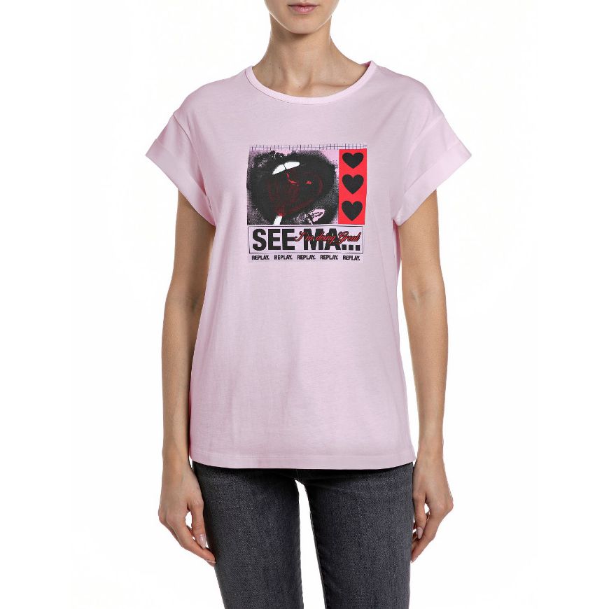 Снимка на REPLAY ДАМСКИ ТОП JERSEY T-SHIRT WITH CHEST PRINT В РОЗОВО ФЛАМИНГО