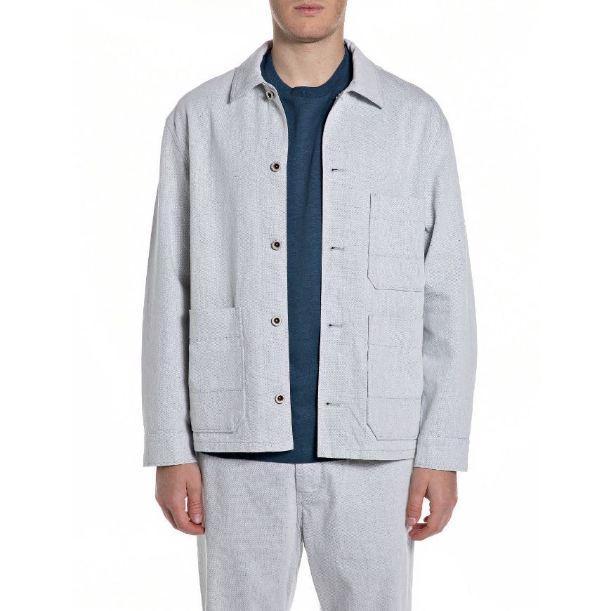 Picture of REPLAY MEN'S COTTON TWILL OVERSHIRT IN NAVY/CHALK