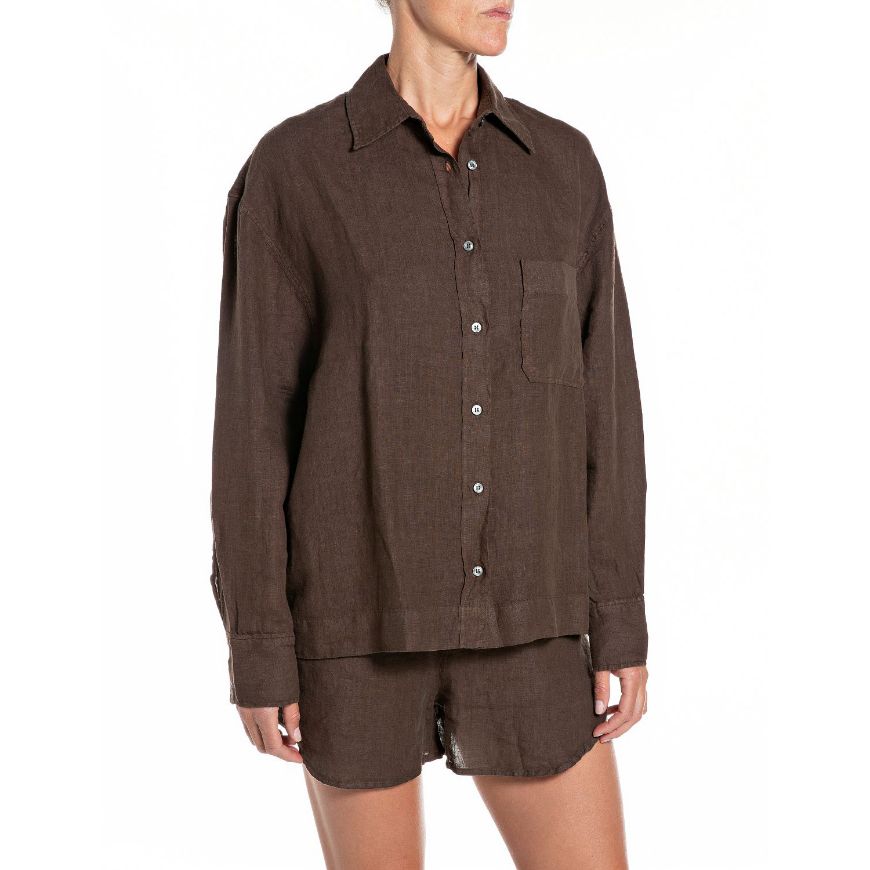 Picture of REPLAY WOMEN'S OVERSIZED LINEN SHIRT IN COFFEE