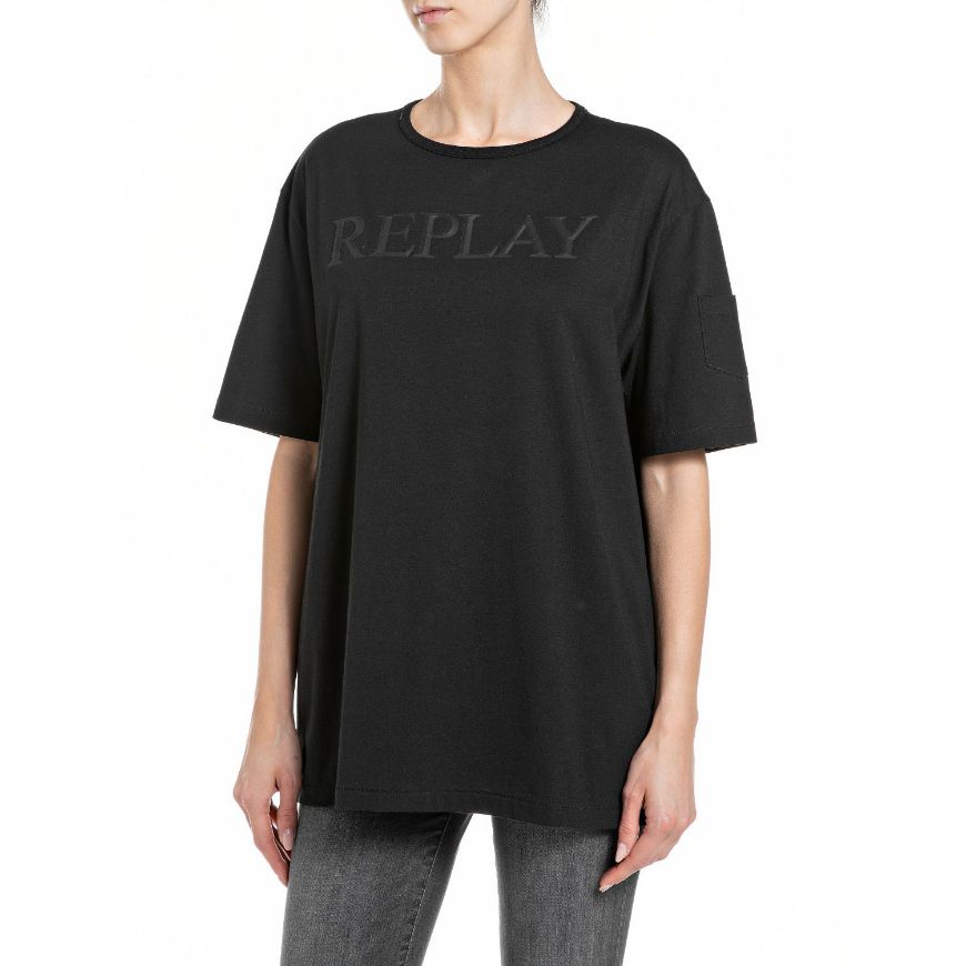 Picture of REPLAY WOMEN'S OVERSIZED BASIC JERSEY T-SHIRT WITH SLEEVE POCKET IN BLACK