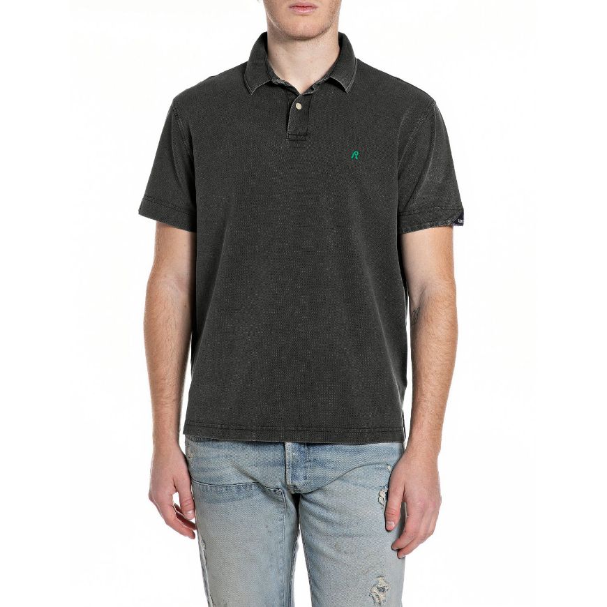 Picture of REPLAY MEN'S MARBLE-EFFECT COTTON PIQUÉ POLO-SHIRT IN BLACKBOARD