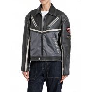 Снимка на REPLAY WOMEN'S BOY-FIT MIX LEATHER&NYLON BIKER JACKET В ТЪМНОСИВО/СВЕТЛОСИВО/МАСЛЕНО 1