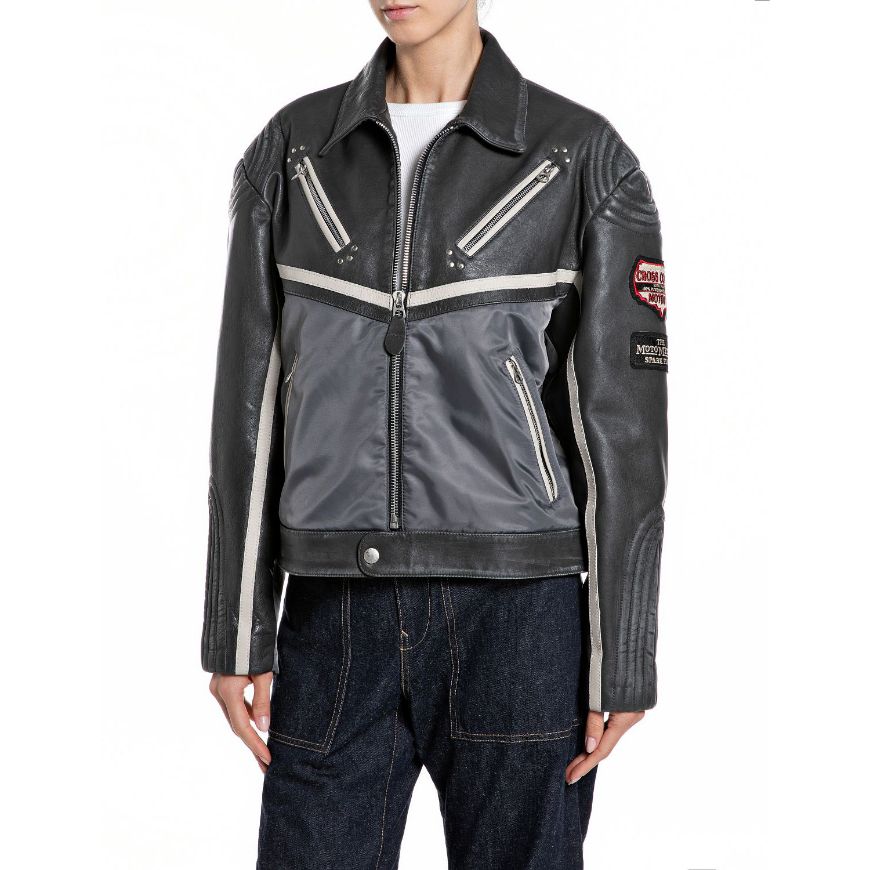 Снимка на REPLAY WOMEN'S BOY-FIT MIX LEATHER&NYLON BIKER JACKET В ТЪМНОСИВО/СВЕТЛОСИВО/МАСЛЕНО