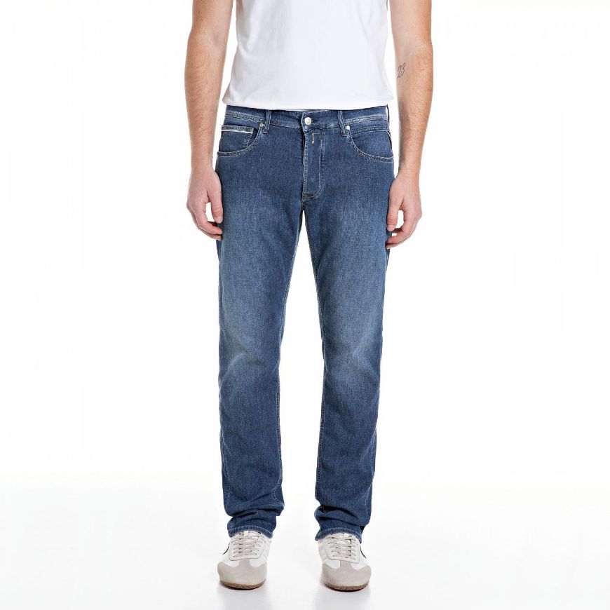 Picture of REPLAY MEN'S GROVER STRAIGHT FIT JEANS 7 OZ DARK INDIGO STRETCH IN MEDIUM BLUE