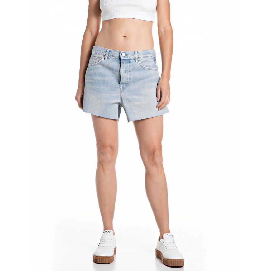 Picture of REPLAY WOMEN'S STRAIGHT FIT 11 OZ GREEN CAST RECYCLED DENIM SHORTS IN LIGHT BLUE