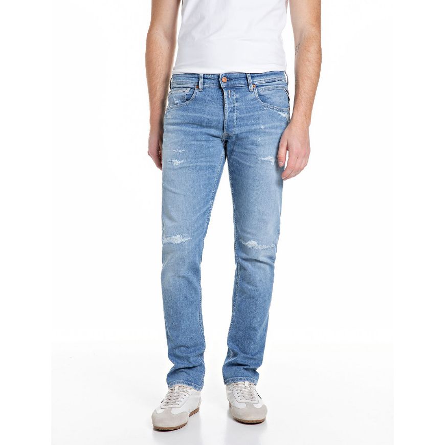 Picture of REPLAY MEN'S GROVER STRAIGHT FIT JEANS 10.5 OZ DARK INDIGO SUPER STRETCH IN MEDIUM BLUE