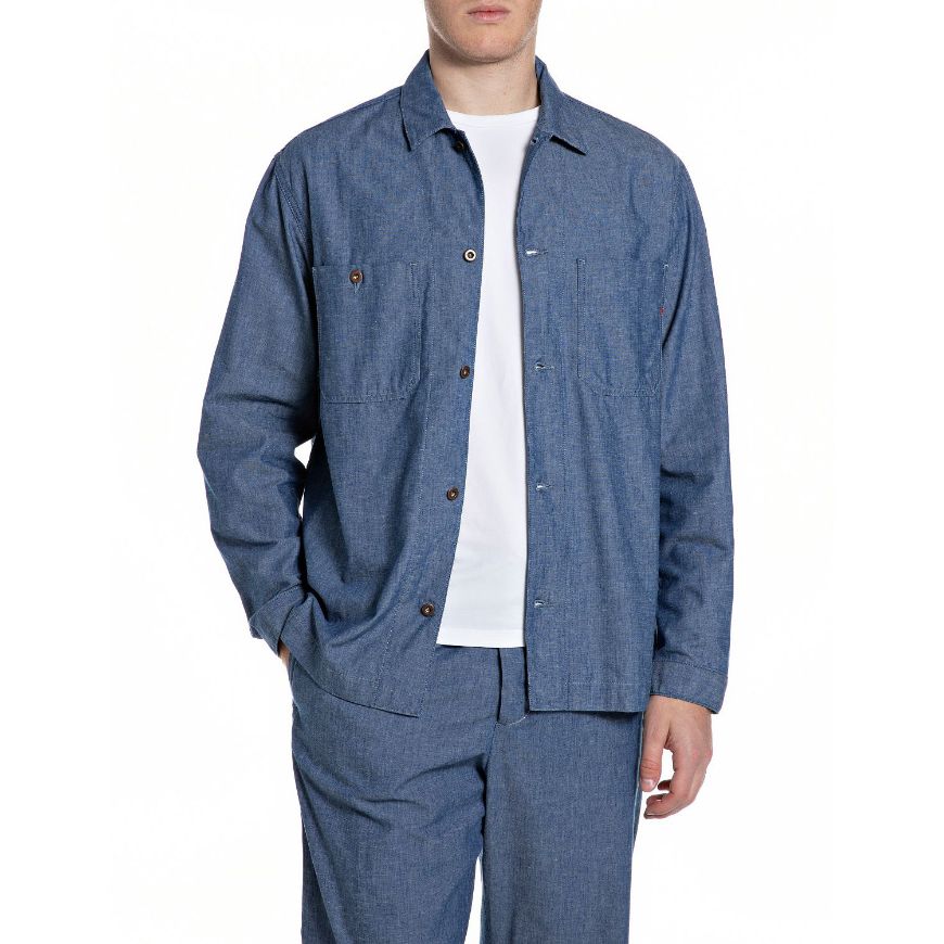Picture of REPLAY MEN'S COTTON LINEN CHAMBRAY OVERSHIRT IN MEDIUM BLUE