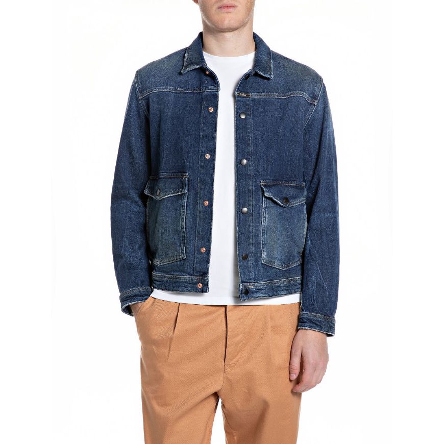 Picture of REPLAY MEN'S REGULAR-FIT DENIM JACKET WITH POCKETS IN DARK BLUE