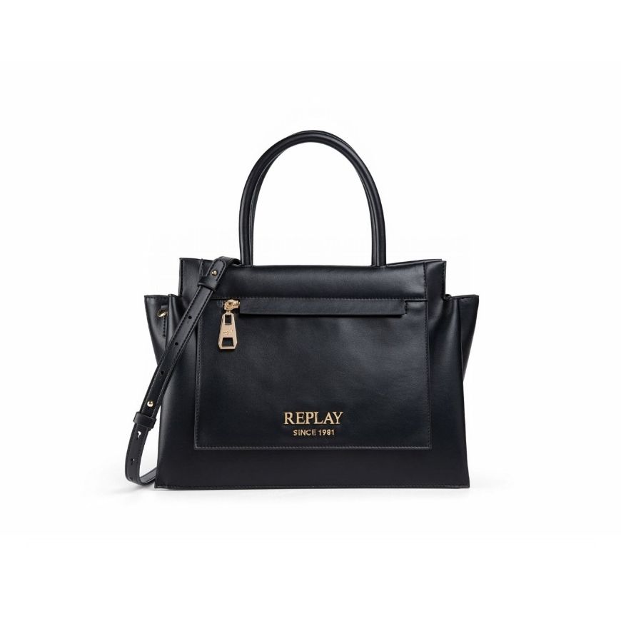 Picture of REPLAY WOMEN'S PLAIN PU BAG WITH SHOULDER STRAP AND POCKET IN BLACK
