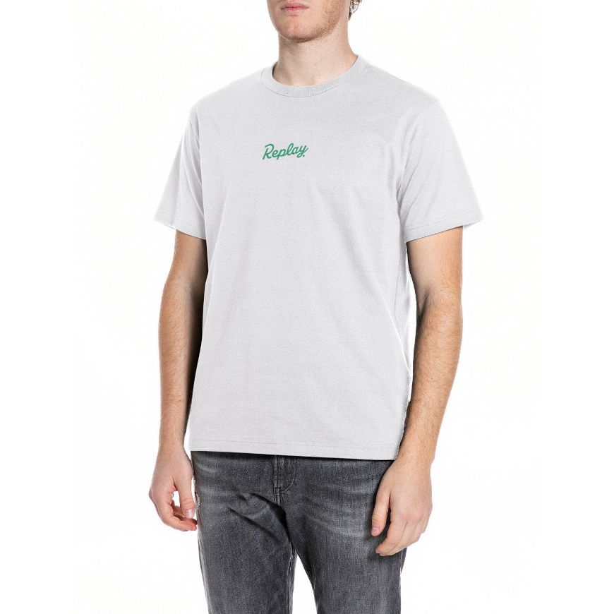 Picture of REPLAY MEN'S JERSEY T-SHIRT WITH SMALL AND BIG PRINTS IN NATURAL WHITE