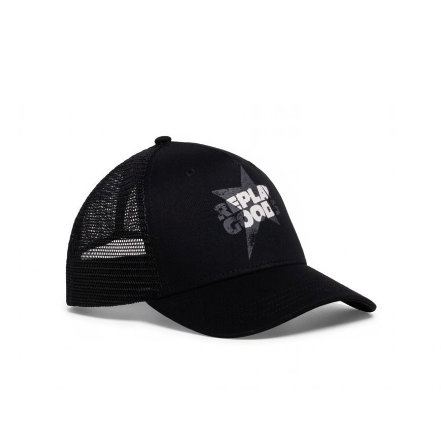 Picture of REPLAY UNISEX COTTON TWILL AND MESH CAP WITH PRINT IN BLACK