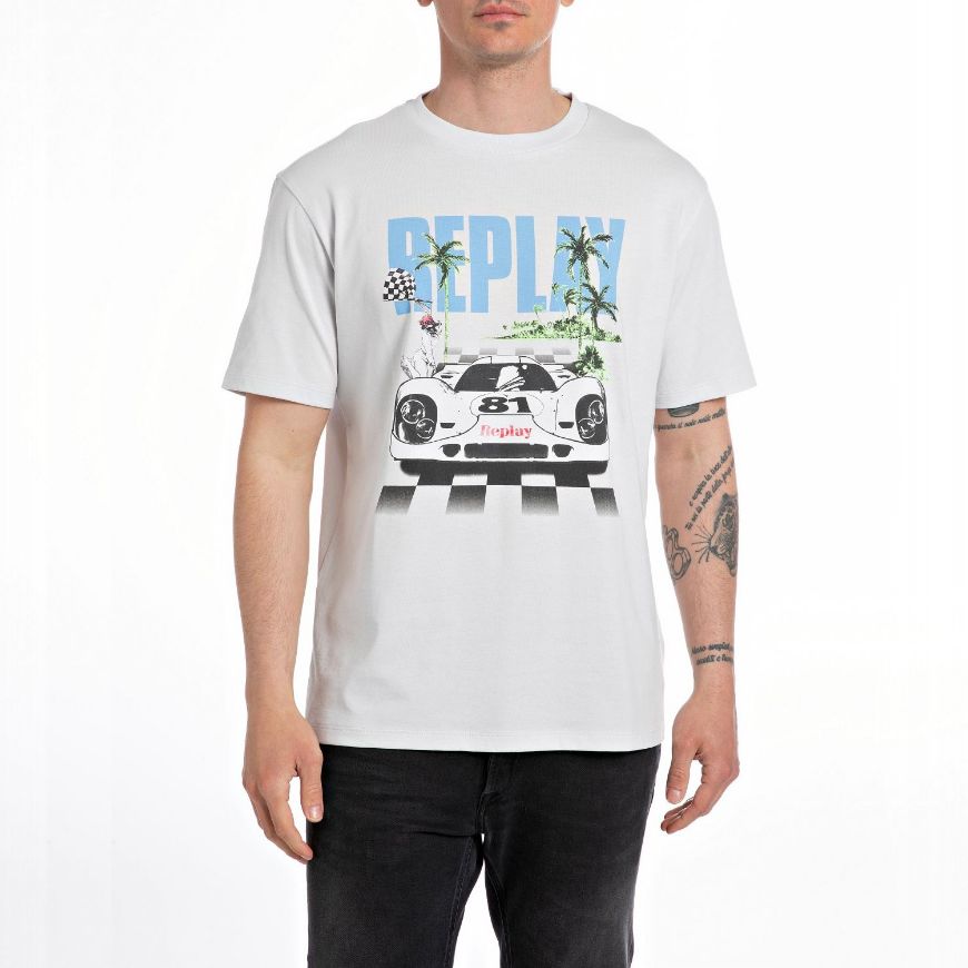 Picture of REPLAY MEN'S RACING PRINT JERSEY T-SHIRT IN MILKY WHITE