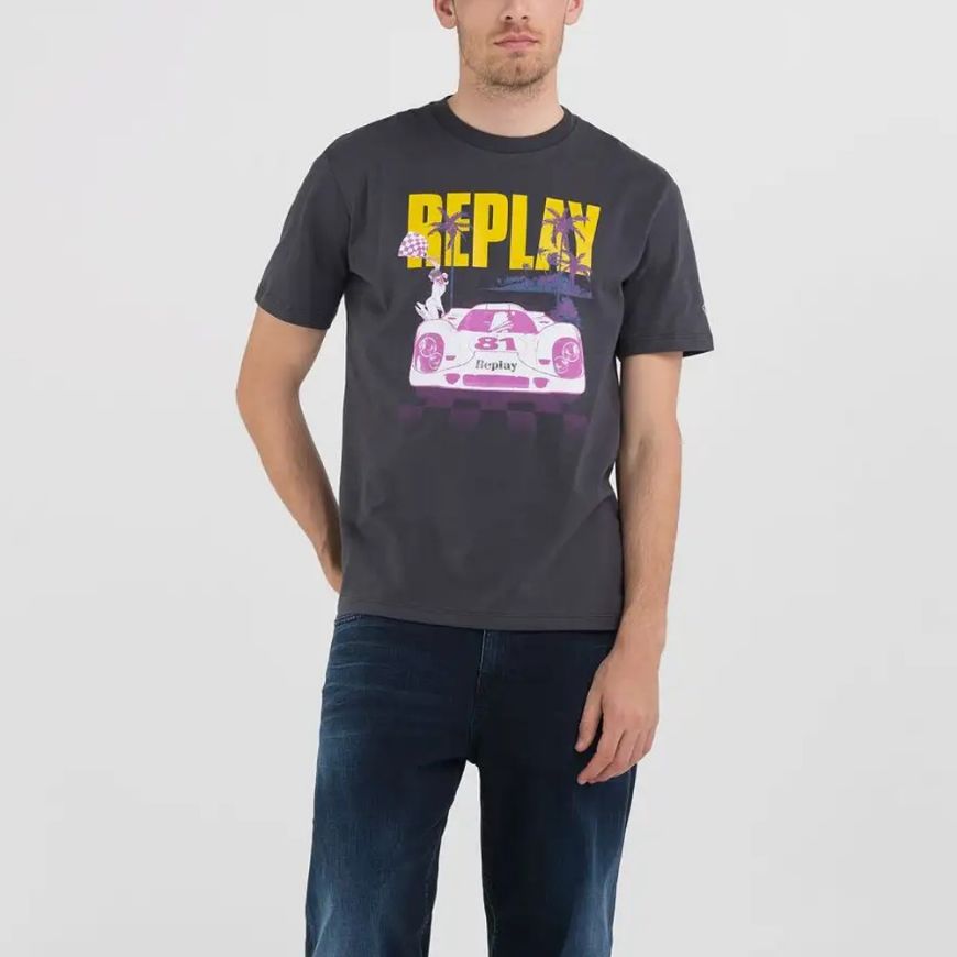 Picture of REPLAY MEN'S RACING PRINT JERSEY T-SHIRT IN NEARLY BLACK