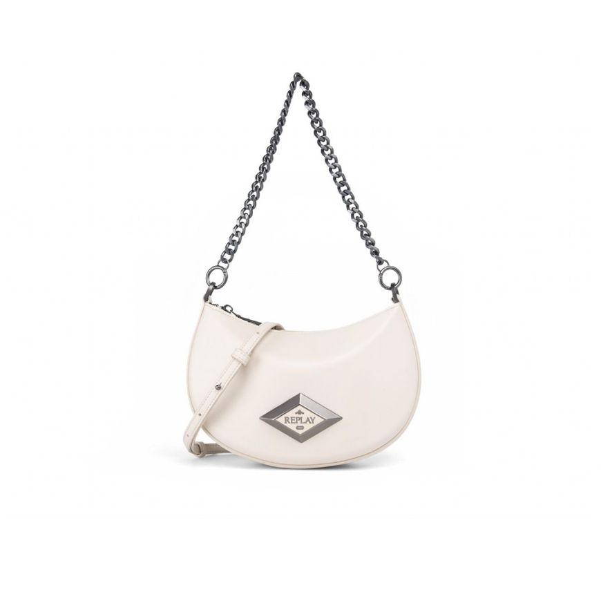 Picture of REPLAY WOMEN'S CROSSBODY BAG IN SOFT PU WITH METALLIC DIAMOND LOGO IN WHITE SMOKE
