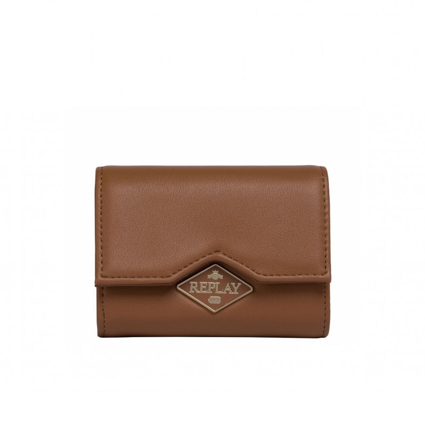 Picture of REPLAY WOMEN'S FLAP WALLET WITH DIAMOND LOGO IN CARAMEL CAFE'