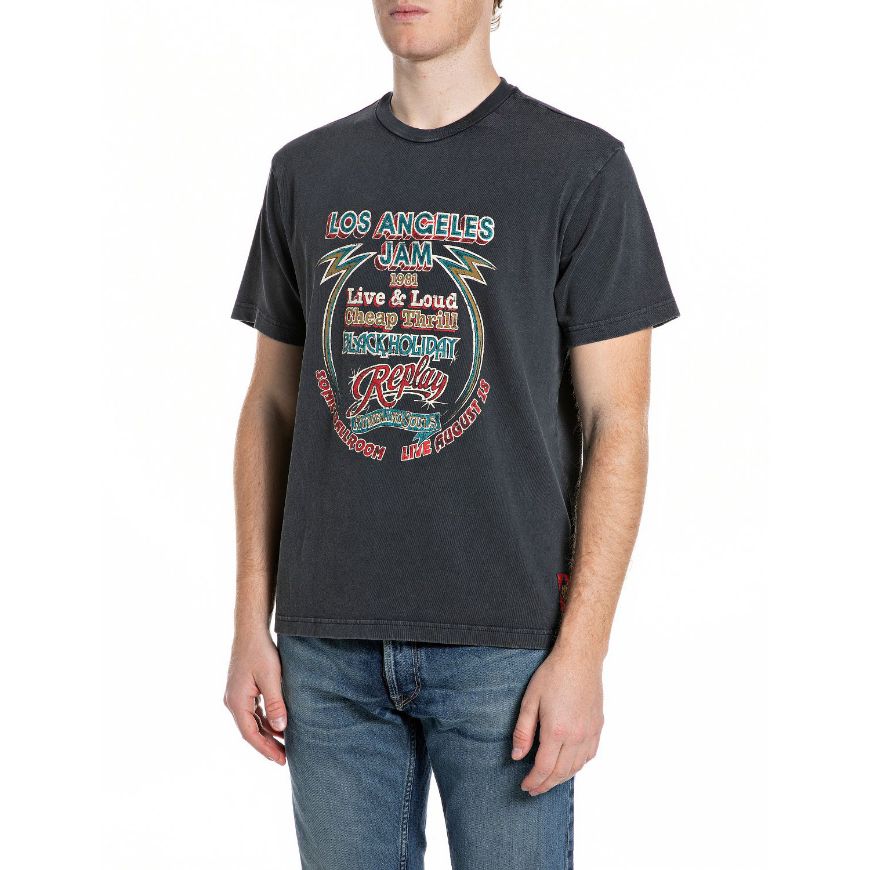 Picture of REPLAY MEN'S LOS ANGELES JAM MARBLE-EFFECT RUSTIC T-SHIRT IN BLACKBOARD