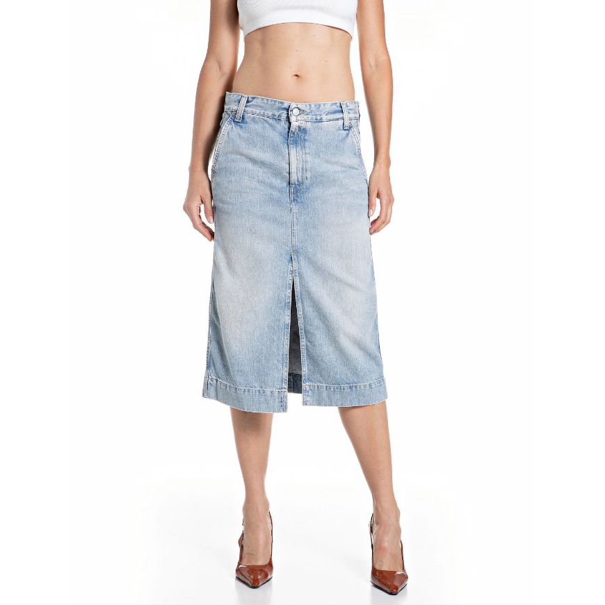Picture of REPLAY WOMEN'S MIDI GREEN CAST DENIM SKIRT IN LIGHT BLUE