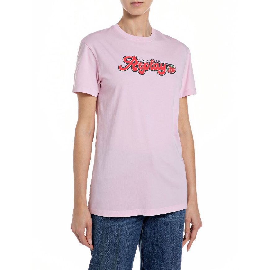 Picture of REPLAY WOMEN'S JERSEY T-SHIRT WITH HOT&SWEET PRINT IN FLAMINGO PINK