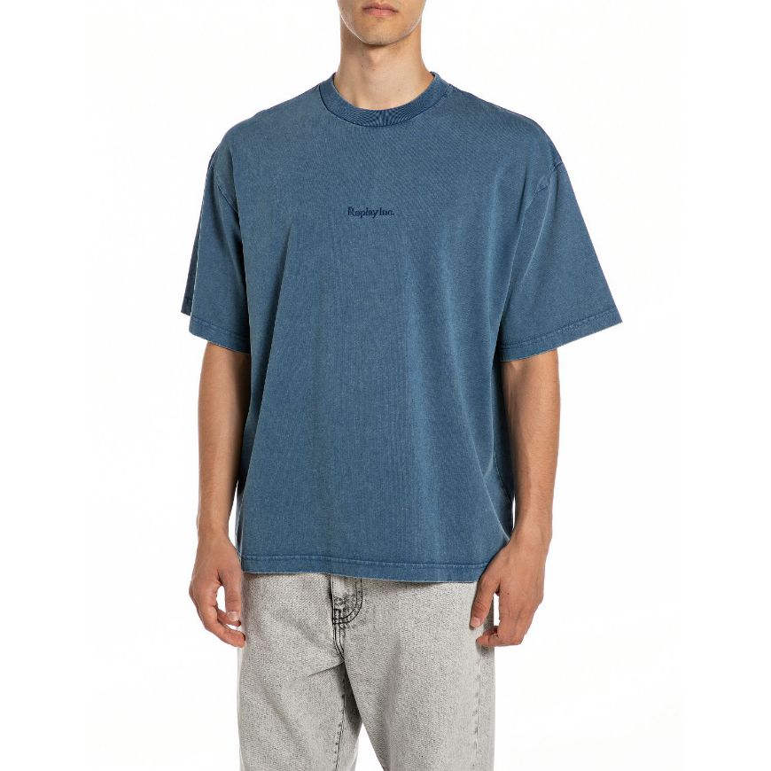 Picture of REPLAY MEN'S ACID WASH DRY HEAVY COTTON JERSEY TSHIRT IN INK BLUE