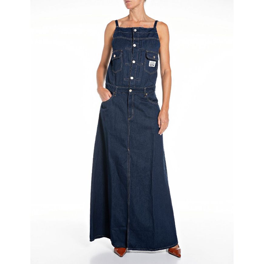 Picture of REPLAY WOMEN'S LONG COTTON/LINEN DENIM DRESS IN DARK BLUE