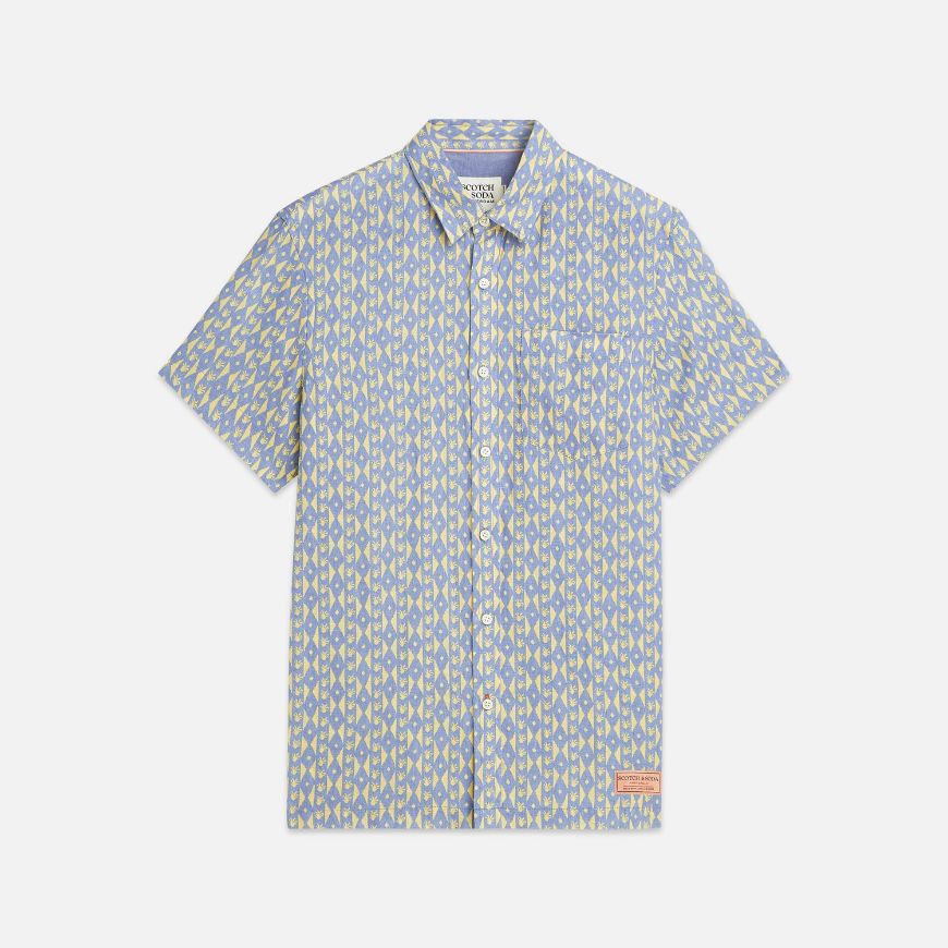 Picture of SCOTCH&SODA MEN'S PRINTED LINEN REGULAR FIT SHORT-SLEEVED SHIRT IN BLUE