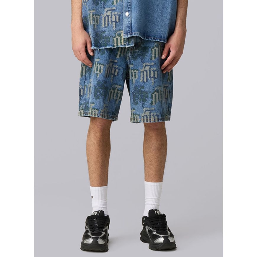 Picture of OTP MEN'S FRAKTUR PRINTED DENIM SHORTS IN STONE WASH