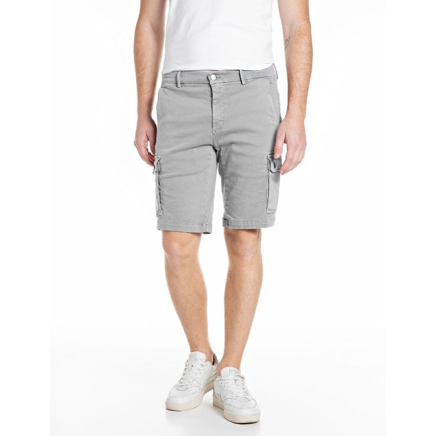 Picture of REPLAY MEN'S VANNIE HYPERFLEX STRETCH DENIM CARGO SHORTS IN LIGHT GREY