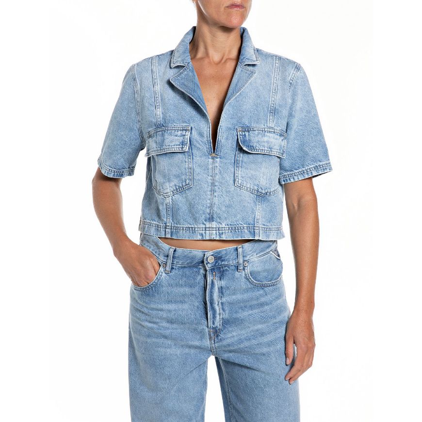Picture of REPLAY WOMEN'S SHORT-SLEEVE DENIM SHIRT IN LIGHT BLUE