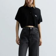 Picture of REPLAY WOMEN'S CROPPED LINEN COTTON PULLOVER WITH POLO COLLAR IN BLACK 1