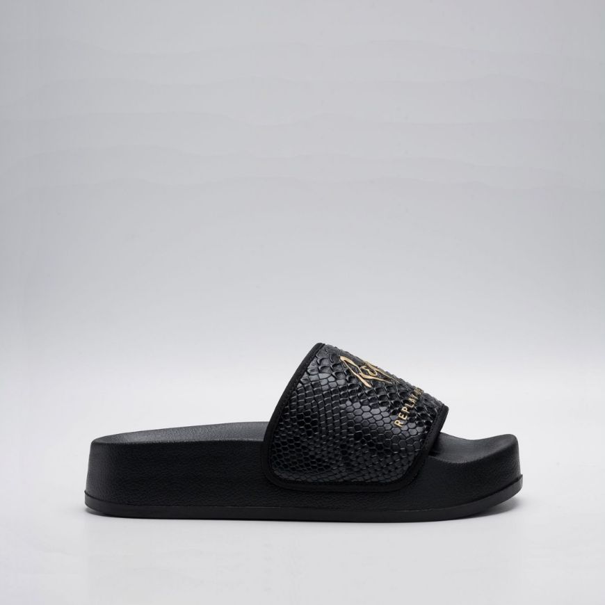 Picture of REPLAY WOMEN'S NEW LOTTY SNAKE SLIDERS IN BLACK