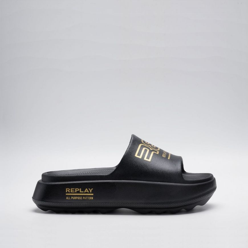 Picture of REPLAY WOMEN'S BRIXY PRINT SLIDERS IN BLACK PLATIN