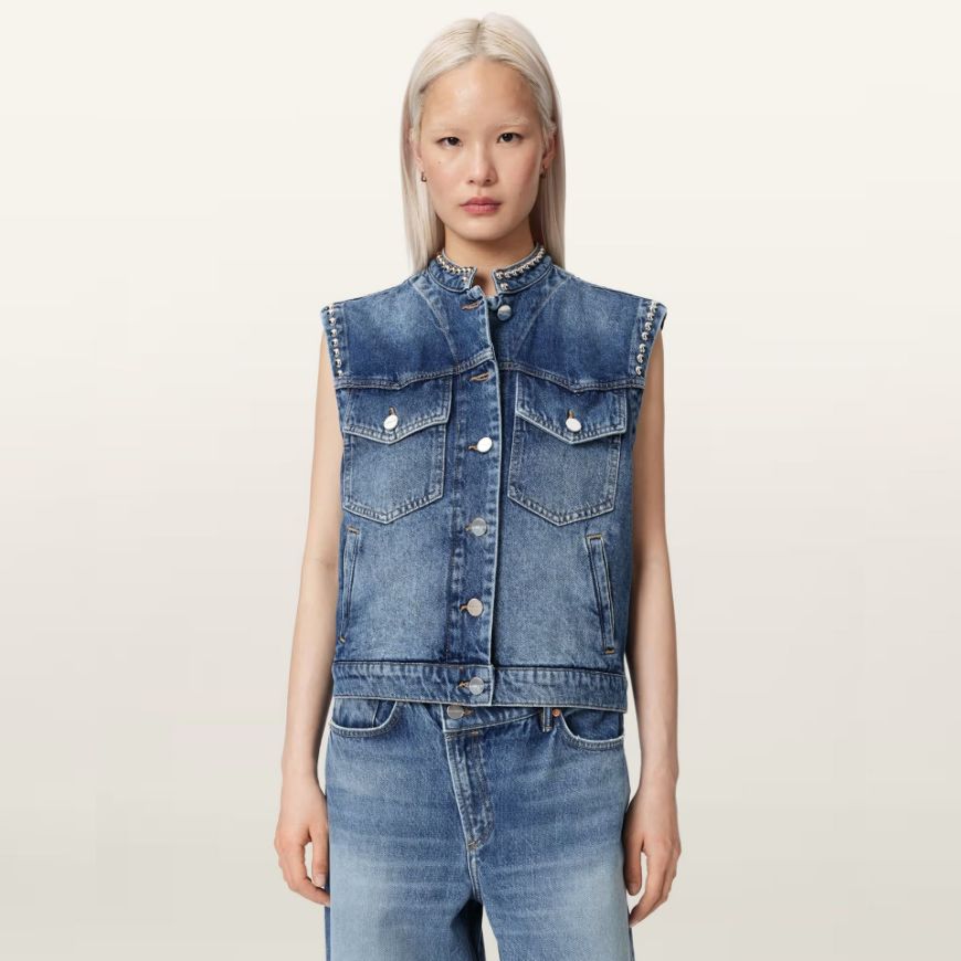 Picture of ALLSAINTS WOMEN'S MAV STUD WAISTCOAT VINTAGE INDIGO