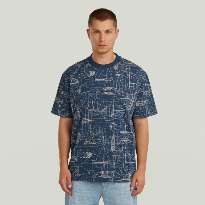 Picture of G-STAR MEN'S AOP RELAXED T-SHIRT IN RANK BLUE BOAT BLUEPRINT