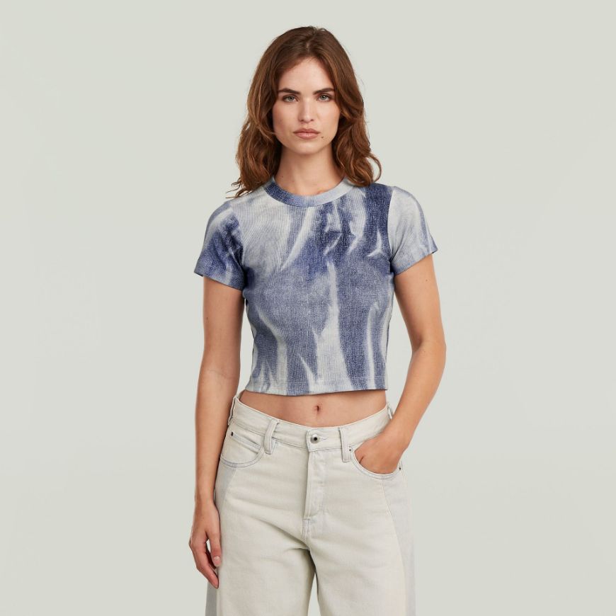 Picture of G-STAR WOMEN'S SLIM RIB AOP TOP IN DENIM FLAME AOP