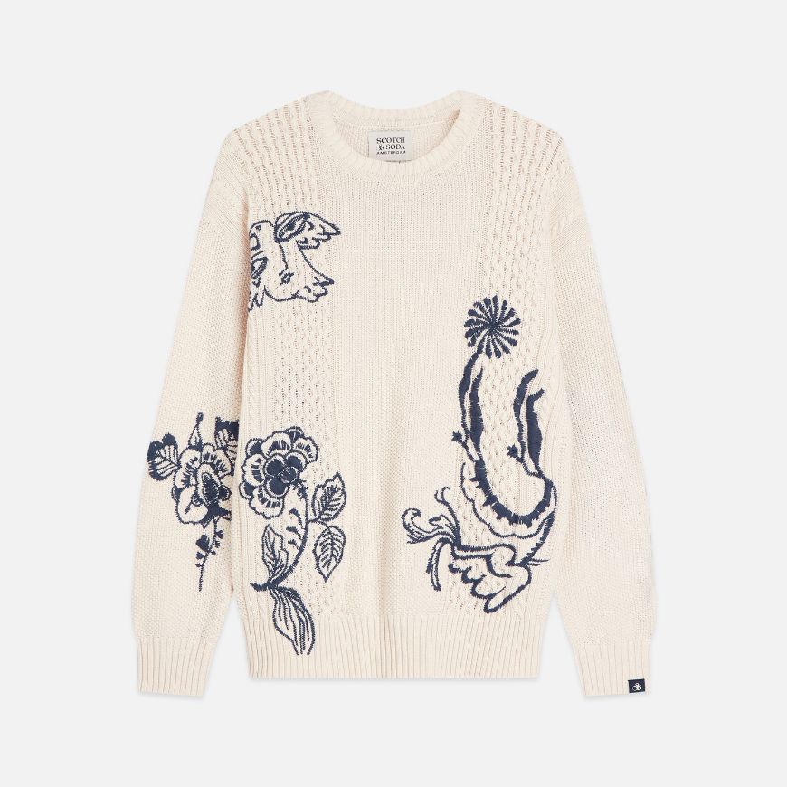 Снимка на SCOTCH&SODA МЪЖКИ ПУЛОВЕР DELFTS BLAUW EMBROIDERED RELAXED FIT - EGGNOG