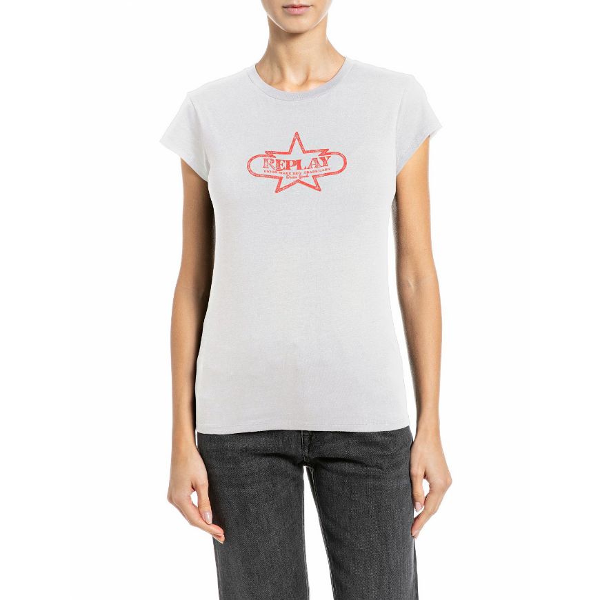 Снимка на REPLAY ДАМСКИ ТОП SLIM-FIT STRETCH T-SHIRT WITH CHEST PRINT NATURAL WHITE