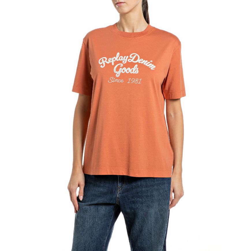Снимка на REPLAY ДАМСКИ ТОП BOXY-FIT DENIM GOODS PRINT COTTON T-SHIRT RUST